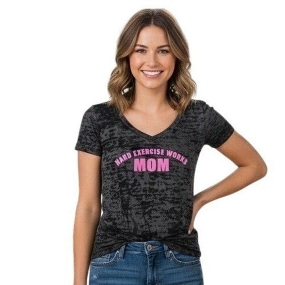 Next Level Hard Exercise Works Mom V-Neck‎ T-Shirt Funny Workout Tee size S